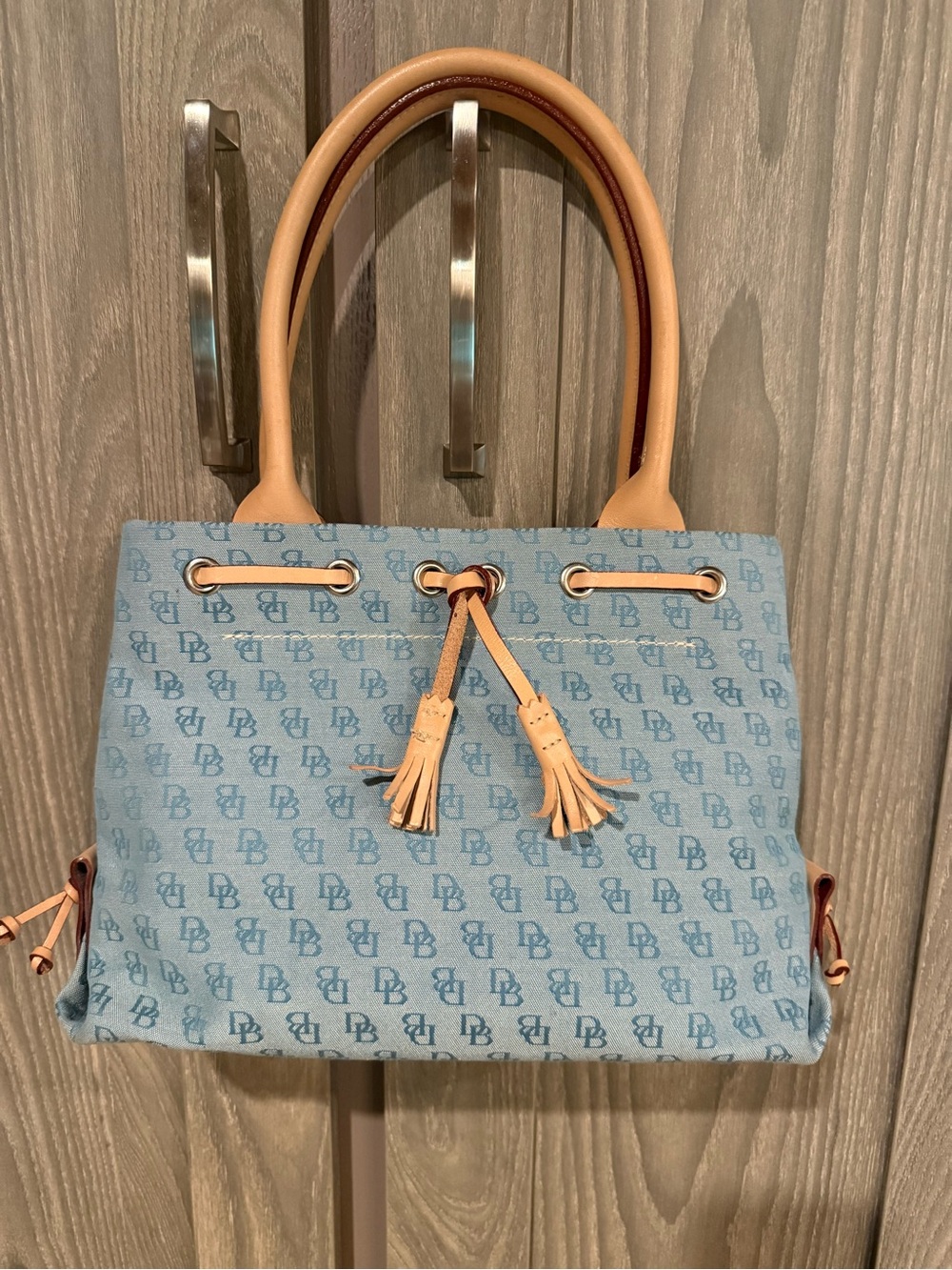 Dooney & Bourke Mini Blue Monogram Canvas Tote with Tan Leather Handles